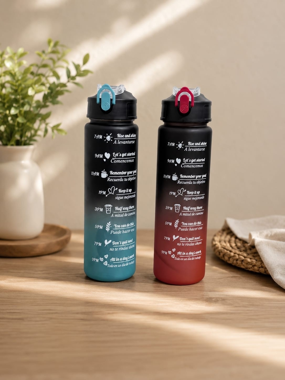 Kids Motivational Time Marker Water Bottle Back to School Leakproof - Teal & Red
